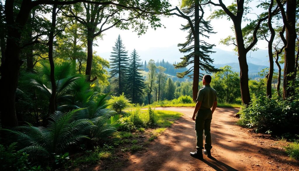 A serene forest landscape, with a winding dirt path leading the viewer deeper into the lush greenery. Sunlight filters softly through the canopy, casting a warm, natural glow. In the foreground, a person in a ranger uniform stands, gazing contemplatively down the path, symbolizing the journey to becoming a nature conservationist. The middle ground features a diverse array of flora, including tall, towering trees, ferns, and other vegetation, hinting at the rich biodiversity that a conservation officer must protect. The background showcases rolling hills and distant mountains, creating a sense of scale and the vastness of the natural world. The overall mood is one of tranquility, purpose, and a deep appreciation for the natural environment.