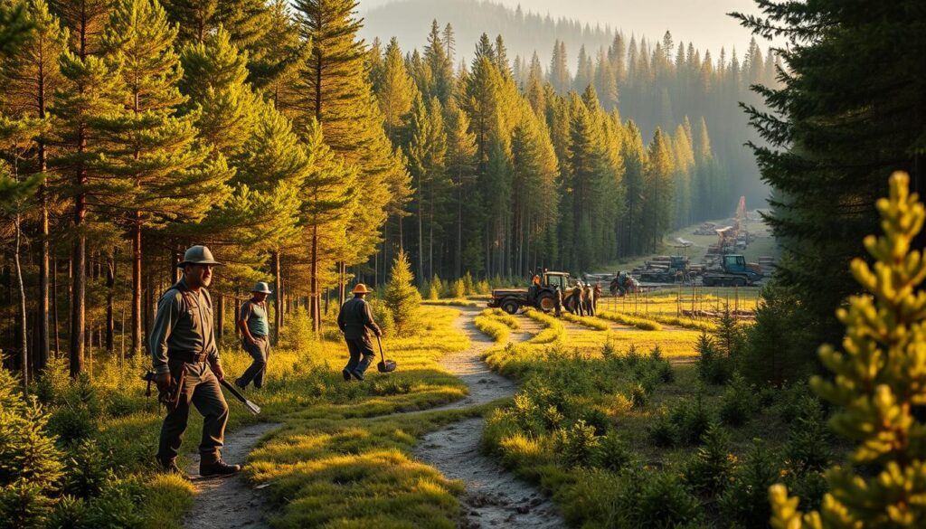 A serene forest landscape, with a winding trail leading through the lush, verdant trees. In the foreground, a skilled lumberjack stands, their sturdy tools in hand, representing the initial stage of a forestry career. In the middle ground, a team of forestry workers carefully tend to young saplings, nurturing the next generation of timber. Further in the distance, a modern logging operation is in progress, cranes and heavy machinery moving the harvested logs. The scene is bathed in warm, golden sunlight, creating a sense of tranquility and purpose. The overall atmosphere conveys the progression and diverse opportunities within the forestry industry.