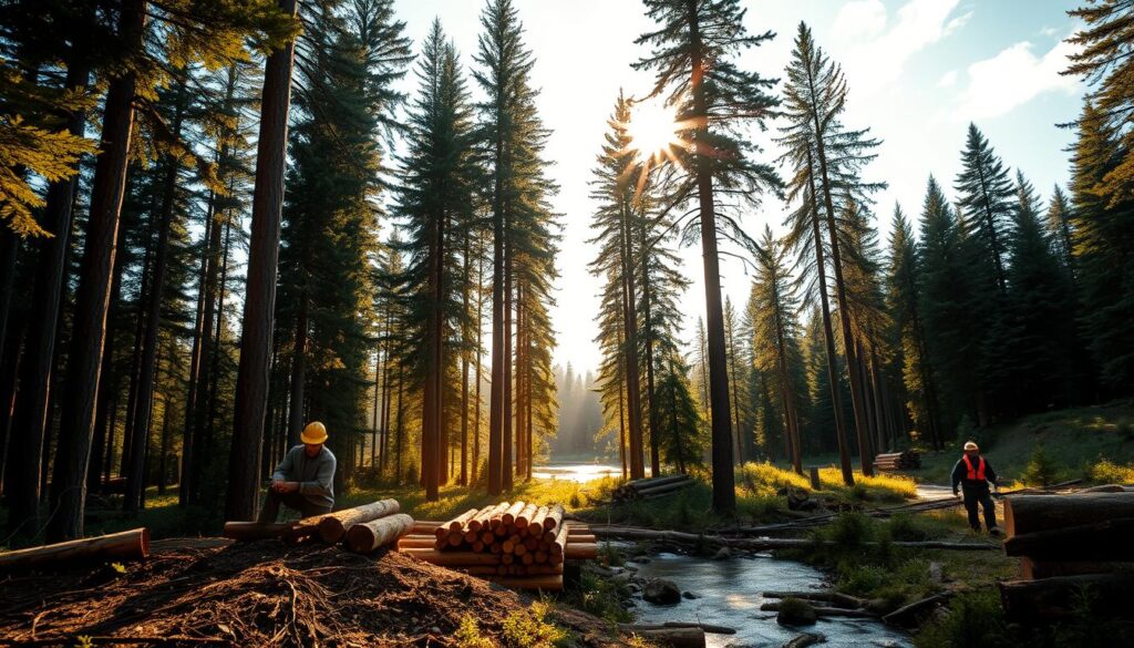A serene forest landscape, with towering evergreen trees stretching towards a sun-dappled sky. In the foreground, a logger carefully fells a mature tree, their skilled hands guiding the saw with precision. The warm glow of the sun filters through the canopy, casting a golden hue over the scene. In the middle ground, a team of workers meticulously trim and stack the freshly harvested logs, their faces filled with a sense of pride and purpose. In the distance, a meandering stream reflects the surrounding forest, its gentle flow a testament to the delicate balance of nature. The overall mood is one of harmony, where man and nature work in concert to sustainably manage this vital resource.