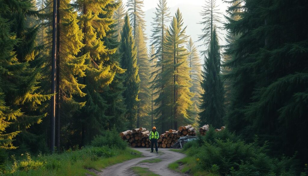 A serene forest landscape with towering evergreen trees, their verdant canopies filtering soft, golden sunlight. In the foreground, a well-maintained trail winds through the undergrowth, suggesting the careful management of this natural habitat. In the middle ground, a forestry worker in a bright yellow safety vest stands beside a stack of freshly-cut logs, capturing the active role of human stewardship. The background fades into a hazy, atmospheric distance, conveying a sense of the vastness and tranquility of this managed woodland. The overall scene exudes a balance between nature's beauty and the responsible practices of forest conservation, reflecting the professional and lucrative nature of forest management.