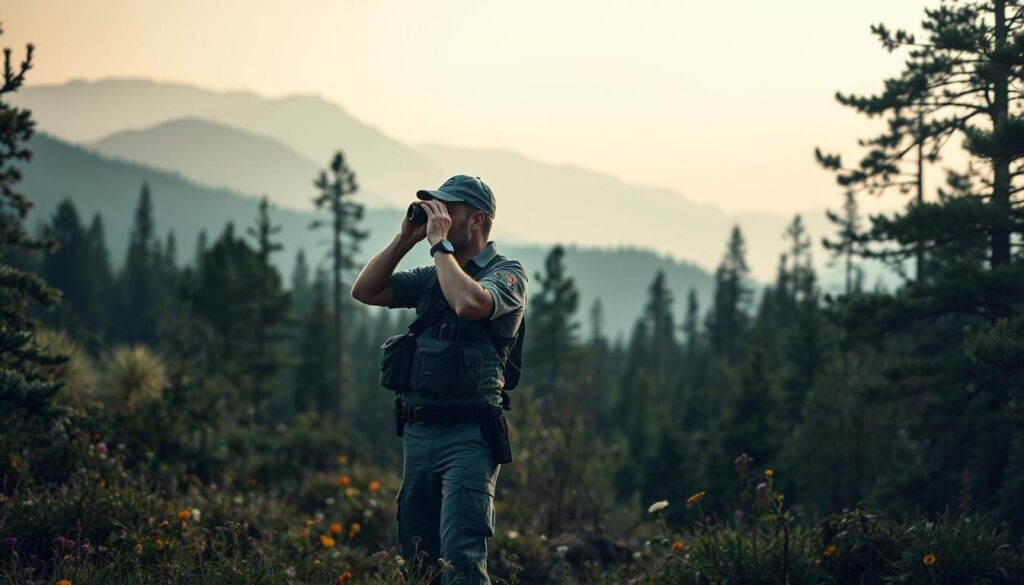 A serene, forested landscape with a diligent nature conservation officer carefully surveying the terrain. In the foreground, the officer stands vigilant, binoculars in hand, clad in rugged outdoor gear. The middle ground features a diverse array of flora and fauna, with wildflowers, towering trees, and the occasional glimpse of wildlife. The background depicts a mountainous horizon, bathed in soft, diffused natural lighting that casts a tranquil glow over the scene. The overall atmosphere conveys a sense of harmony between the officer's protective role and the delicate balance of the natural environment.