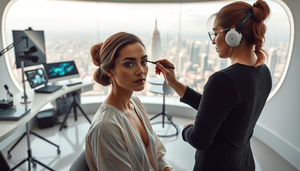 A serene, futuristic workspace showcasing the advanced artistry of a hair and makeup professional. In the foreground, a model sits poised, her features subtly enhanced by the expert touch of a makeup artist wielding cutting-edge tools. The middle ground reveals a sleek, minimalist studio, filled with high-tech equipment and holographic displays, hinting at the innovative techniques and technologies transforming the industry. In the background, a panoramic window offers a breathtaking view of a gleaming, futuristic cityscape, symbolizing the boundless opportunities and possibilities awaiting skilled hair and makeup artists. Soft, diffused lighting bathes the scene, creating an atmosphere of calm, confidence, and limitless potential.