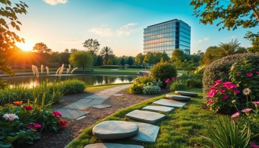 A serene garden landscape, with a winding path leading through lush foliage and vibrant flowers. In the foreground, a series of stepping stones symbolize the progression of a career, each stone representing a distinct milestone or achievement. The middle ground features a tranquil pond, its still waters reflecting the journey ahead. In the background, a modern office building stands, its glass façade gleaming in the soft, warm lighting of the setting sun. The scene conveys a sense of growth, contemplation, and the balance between professional and personal fulfillment.
