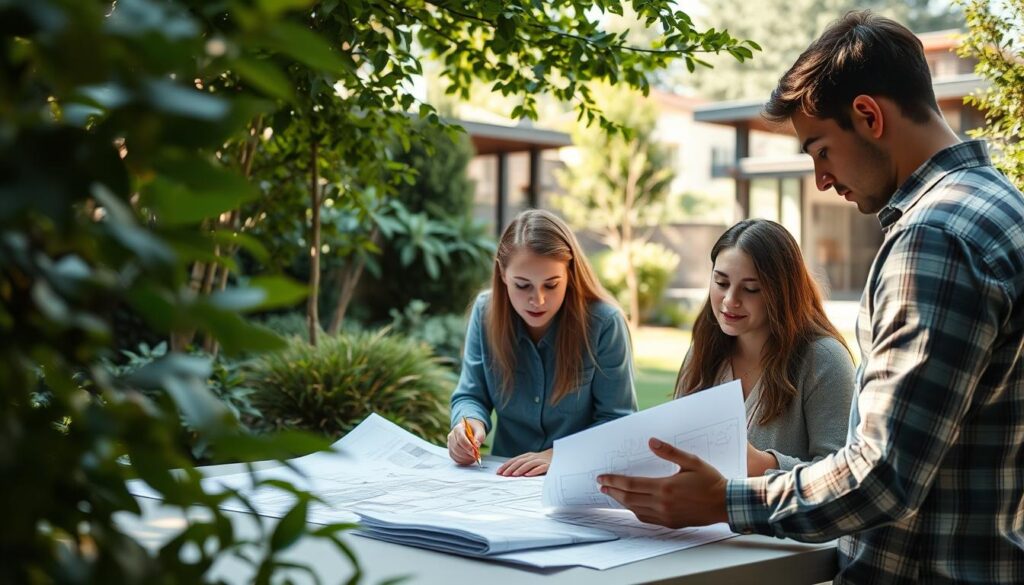A serene garden setting, with a group of aspiring landscape designers gathered around a table, poring over detailed plans and sketches. Soft natural lighting filters through the lush foliage, casting a warm glow on their faces as they discuss design principles, plant selection, and sustainable practices. In the background, a blend of modern and traditional architectural elements provide context, hinting at the diverse environments these consultants must navigate. The atmosphere is one of focused collaboration, where knowledge is shared, and the next generation of green-space visionaries is being cultivated.