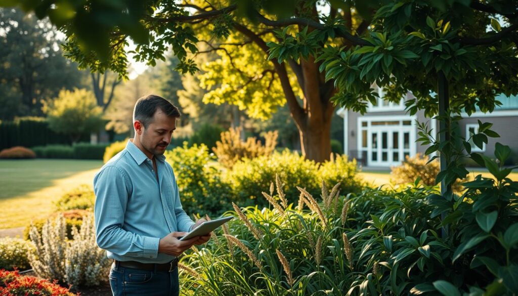 A serene garden setting, with a landscape architect in the foreground, contemplating their next career move. The consultant stands amidst lush greenery, sketching plans on a tablet, their expression thoughtful. Warm afternoon light filters through the trees, casting soft shadows. In the background, a quaint office building hints at the corporate world they may be considering. The scene conveys a sense of transition, as the consultant weighs the pros and cons of shifting their expertise from the natural to the built environment.