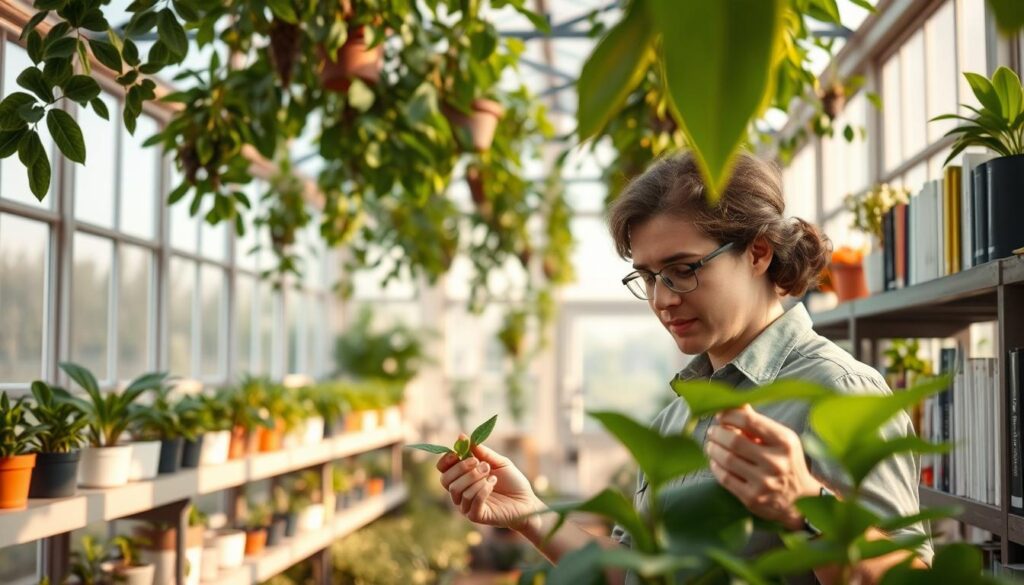 A serene greenhouse interior with lush greenery and natural lighting. In the foreground, a plant expert inspects a specimen, their gaze focused and their hands carefully tending to the leaves. Shelves lined with an array of potted plants and reference books occupy the middle ground, hinting at the educational requirements for plant hunting. The background features floor-to-ceiling windows, allowing the warm sunlight to bathe the space and create a tranquil, contemplative atmosphere conducive to learning and research. Subtle hints of scientific equipment and tools suggest the technical expertise needed in this field.