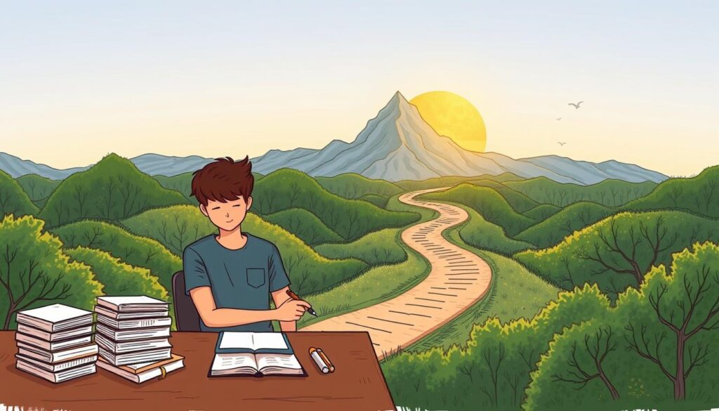 A serene, hand-drawn illustration depicting the career path of an aspiring writer. In the foreground, a young person sits at a desk, pen in hand, surrounded by stacks of papers and a laptop, symbolizing the daily work of a writer. The middle ground features a winding path leading through lush, verdant landscapes, representing the journey and various milestones along the way, such as workshops, publications, and collaborations. In the background, a towering mountain range with a rising sun casts a warm, inspiring glow, conveying the sense of achievement and fulfillment that awaits at the peak of the writer's career. The overall mood is one of determination, growth, and the endless possibilities that lie ahead for the aspiring wordsmith.