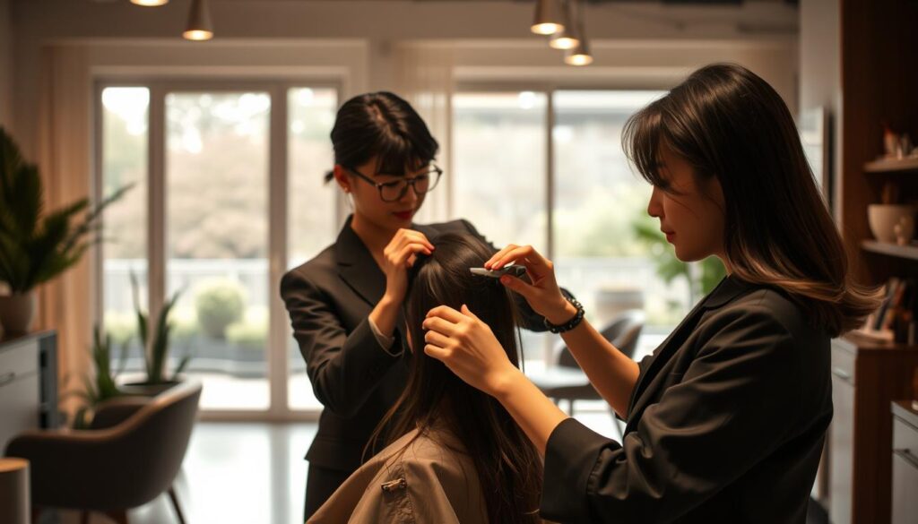 A serene, harmonious scene depicting the work-life balance of a modern Japanese hairstylist. In the foreground, a stylishly dressed stylist attentively tends to a client's hair, their hands moving with precise, graceful motions. In the middle ground, the salon interior is bathed in warm, gentle lighting, with sleek, minimalist furnishings and natural elements like potted plants creating a calming, welcoming atmosphere. The background reveals a glimpse of a tranquil outdoor setting, perhaps a garden or park, suggesting the stylist's ability to seamlessly transition between their professional and personal life. The overall impression is one of balance, tranquility, and a deep appreciation for the art of hairstyling as a fulfilling, harmonious career.