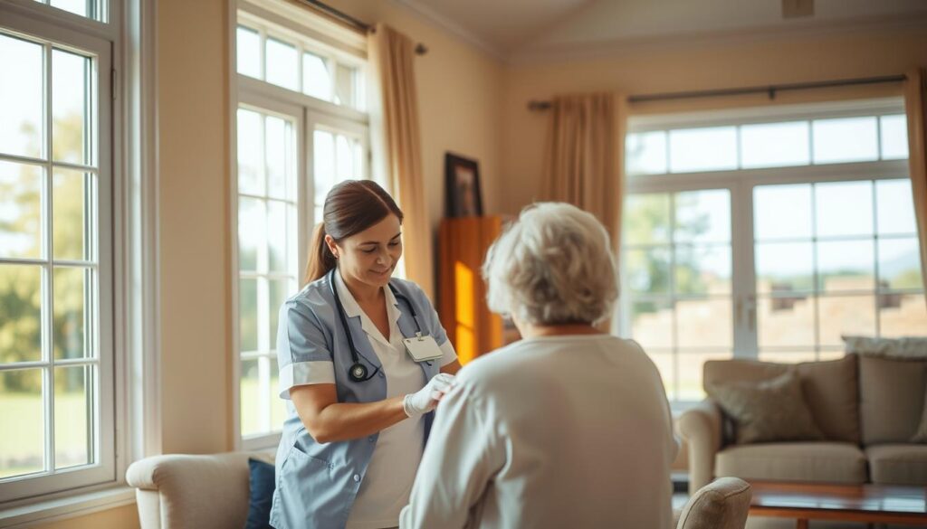 A serene home interior, bathed in warm, natural light from large windows. In the foreground, a skilled, compassionate caregiver attends to an elderly patient, assisting with daily tasks and providing personalized care. The middle ground reveals a bright, airy atmosphere, with tasteful furnishings and a sense of comfort and security. In the background, a tranquil outdoor scene can be glimpsed, hinting at the benefits of home-based care. The overall mood is one of professionalism, empathy, and the positive impact of visiting caregivers on the lives of their clients.