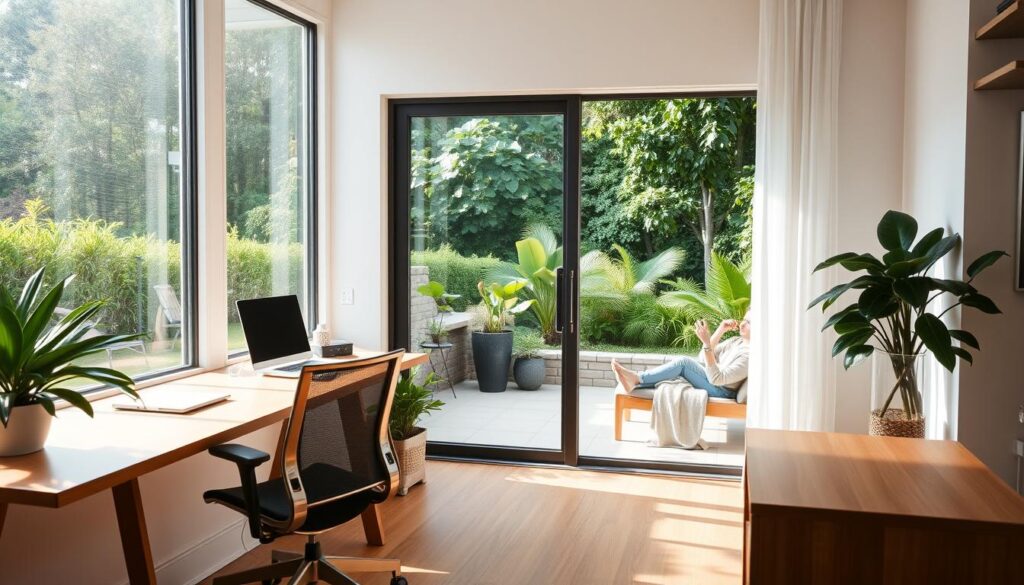 A serene home office overlooking a lush, verdant garden. Soft natural light filters through large windows, illuminating a minimalist workspace with a sleek wooden desk, an ergonomic chair, and a potted plant. In the background, a sliding glass door leads to a tranquil outdoor space, where a person is seen relaxing on a comfortable lounge chair, enjoying a cup of tea. The overall atmosphere exudes a harmonious balance between productivity and leisure, reflecting the ideal work-life integration for an environmental designer.