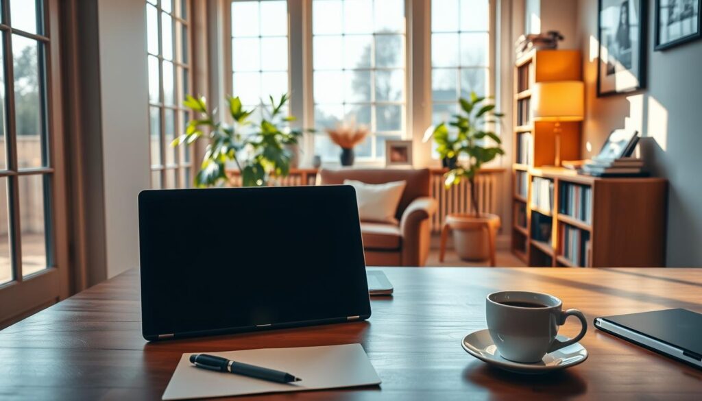 A serene home office scene, bathed in warm, natural lighting through large windows. In the foreground, a desk with a laptop, pen, and a cup of coffee, symbolizing the balance between work and personal life. In the middle ground, a comfortable chair and a potted plant, creating a sense of tranquility. The background features bookshelves and framed artwork, hinting at the individual's diverse interests and experiences. The overall atmosphere exudes a sense of intentionality, where the transition into a new career path is carefully considered, not rushed, and mindfully balanced with personal well-being.