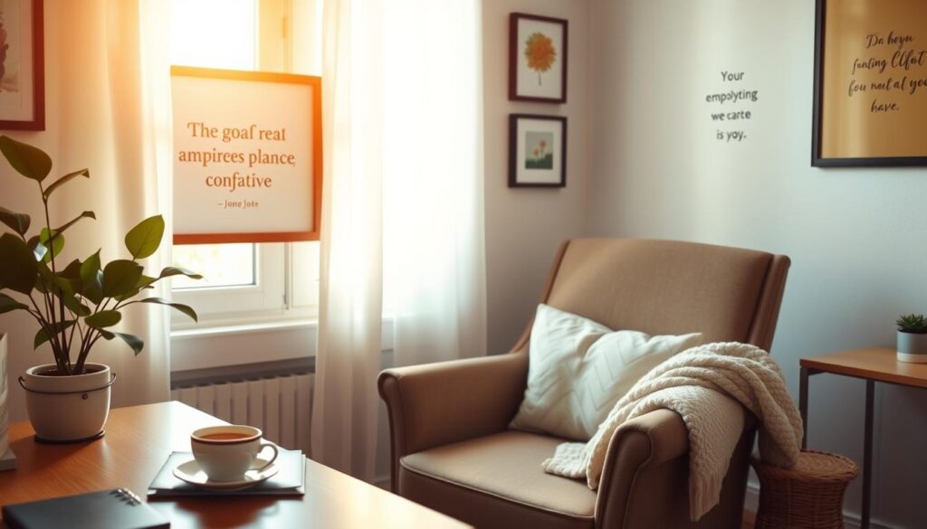 A serene home office with a comfortable armchair, surrounded by supportive elements. Warm lighting filters through the window, casting a cozy glow. On the desk, a cup of tea, a journal, and a motivational quote framed on the wall. Beside the chair, a potted plant and a soft blanket, conveying a sense of self-care and rejuvenation. The walls are adorned with inspirational artwork, hinting at the inner strength and resilience needed to overcome employment gaps. The overall atmosphere is one of tranquility, focus, and empowerment, guiding the viewer through the challenges of navigating a career transition.