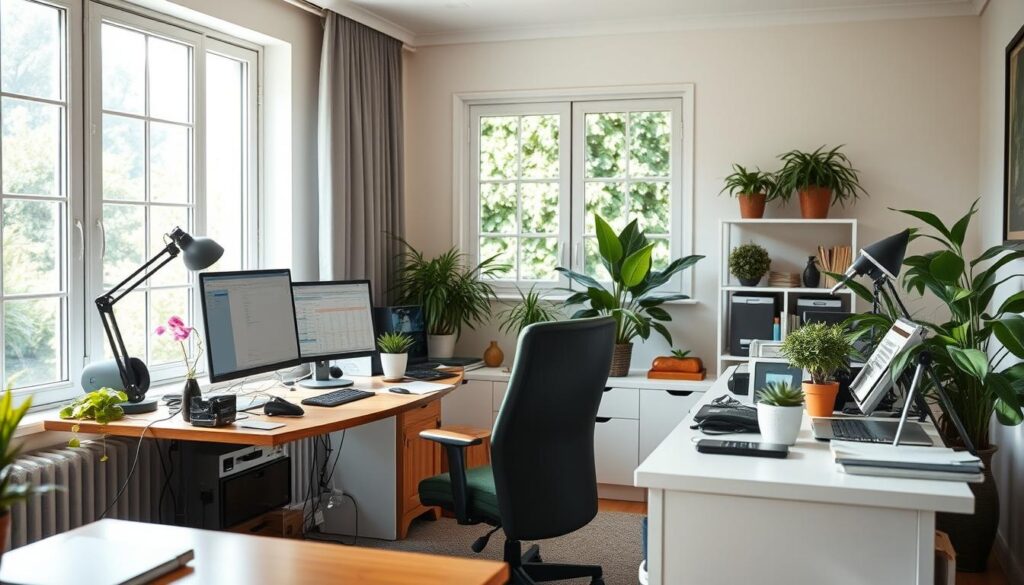 A serene home office with an arranger working at their desk, surrounded by a harmonious balance of professional equipment and personal items. Soft natural lighting filters through large windows, creating a tranquil atmosphere. In the background, a glimpse of a well-maintained garden or greenery, symbolizing the arranger's ability to maintain a healthy work-life balance. The scene conveys a sense of focus, productivity, and contentment, reflecting the unique challenges and rewards of the arranger's profession.