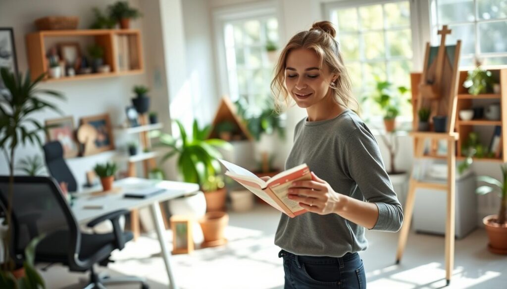 A serene home office with natural light streaming in, showcasing a person engrossed in a relaxing hobby like painting, gardening, or reading a book. The space features ergonomic furniture, potted plants, and calming colors that create a tranquil atmosphere, encouraging a sense of work-life balance and mindfulness. The figure in the foreground exudes a peaceful expression, conveying the idea that this type of job or environment could be well-suited for those who struggle with the traditional work dynamic. The background blurs softly, emphasizing the focus on the subject's fulfilling activities.