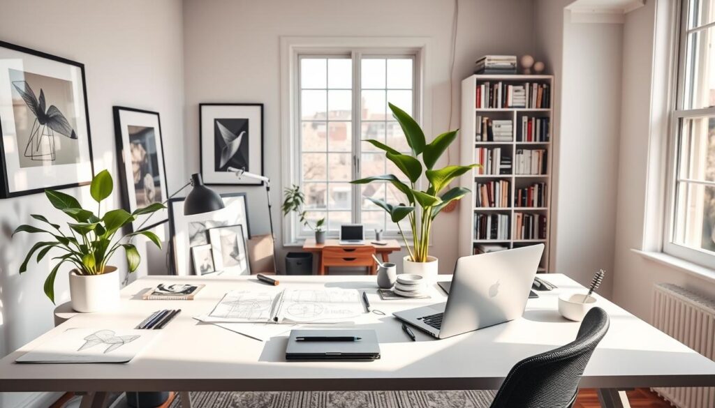 A serene home office with natural light streaming through large windows, showcasing the workspace of a successful freelance industrial designer. The desk is neatly organized, with a sleek laptop, design sketches, and various tools of the trade. Framed artwork and minimalist decor create an inspiring atmosphere. In the background, a lush indoor plant and a bookshelf filled with design references hint at the depth of knowledge and creativity that fuels this freelancer's success. The overall scene exudes a sense of focus, productivity, and the fulfillment that comes from being one's own boss.
