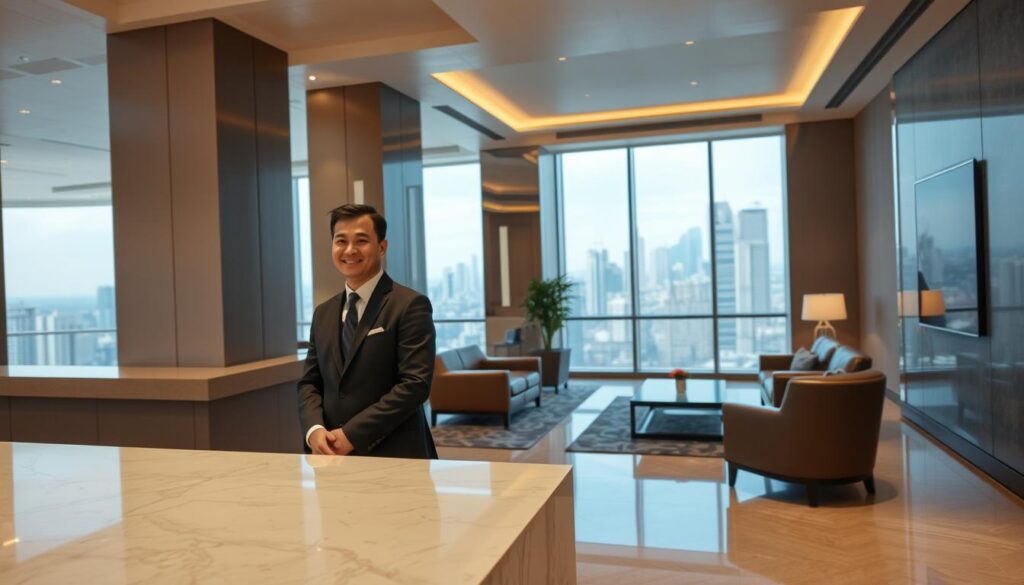 A serene hotel lobby with a sleek, modern design. In the foreground, a well-dressed concierge stands behind a polished marble counter, greeting guests with a warm smile. The middle ground features a stylish lounge area with plush leather chairs and a sleek coffee table, while the background showcases floor-to-ceiling windows overlooking a bustling city skyline. Soft, indirect lighting creates a welcoming ambiance, and the overall scene conveys a sense of professionalism, efficiency, and attention to detail - the hallmarks of an aspiring concierge's career path.
