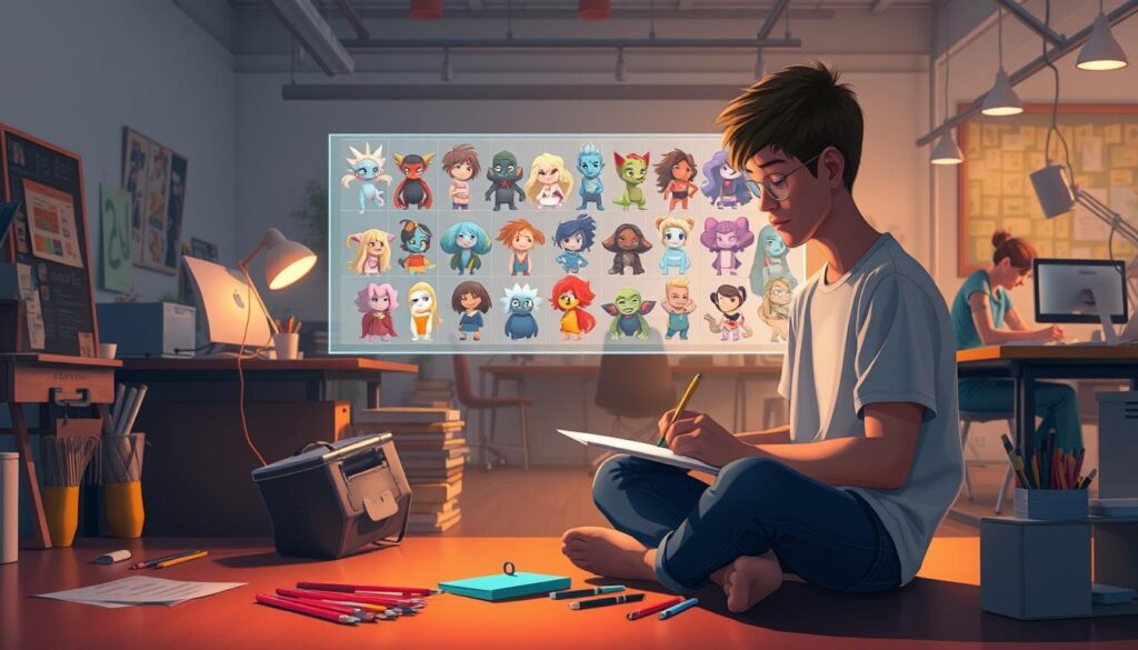 A serene, inspirational illustration of an aspiring character designer's journey. In the foreground, a young artist sits cross-legged, sketching with intense focus. Warm, soft lighting illuminates their workspace, filled with colorful art supplies and reference materials. In the middle ground, a holographic display showcases a range of vibrant, expressive character designs, each with unique personalities. The background depicts a bustling creative studio, with talented designers collaborating at their desks, surrounded by concept art and sketches pinned to the walls. The overall atmosphere conveys a sense of passion, dedication, and the rewarding path to becoming a skilled character designer.