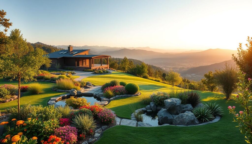A serene landscape showcasing the benefits of a landscape consultant's expertise. In the foreground, a meticulously designed garden with lush greenery, vibrant flowers, and a tranquil water feature. The middle ground features a modern, energy-efficient home seamlessly integrated into the natural surroundings. In the background, a panoramic view of a picturesque mountainous region, bathed in the warm glow of golden hour lighting. The overall atmosphere conveys a sense of harmony, balance, and the value a skilled landscape consultant can bring to a project. Crisp, high-resolution photography using a wide-angle lens to capture the full scope of the scene.