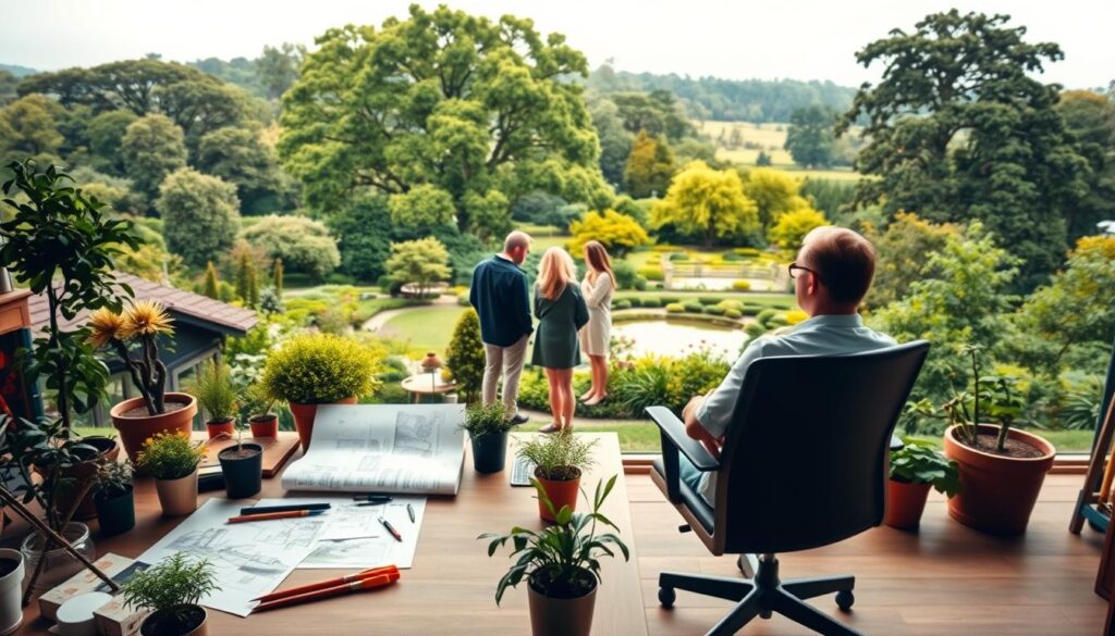 A serene landscape with a garden designer's workspace in the foreground. A comfortable desk and chair, surrounded by potted plants, gardening tools, and sketches of lush landscapes. In the middle ground, a team of designers collaborating, discussing plans and exchanging ideas. The background features a panoramic view of a verdant garden, with towering trees and a tranquil pond. Warm, diffused lighting creates a calming ambiance, highlighting the connection between the designer's work and the natural world. The scene conveys the thoughtful, meticulous, and collaborative nature of a garden consultant's daily responsibilities.