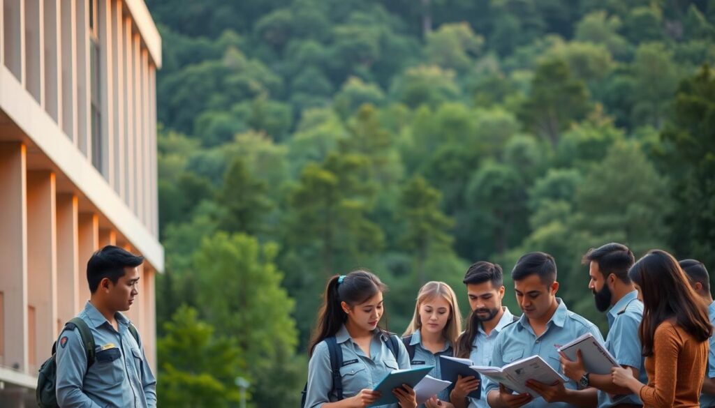 A serene landscape with a government office building in the foreground, its sleek modern architecture accentuated by warm, directional lighting. In the middle ground, a group of prospective civil service exam takers gather, their faces focused and determined as they review their study materials. The background features a lush, verdant forest, hinting at the balance between urban administration and the natural world. The overall mood conveys a sense of diligence, opportunity, and the pursuit of a meaningful public service career as a ranger.