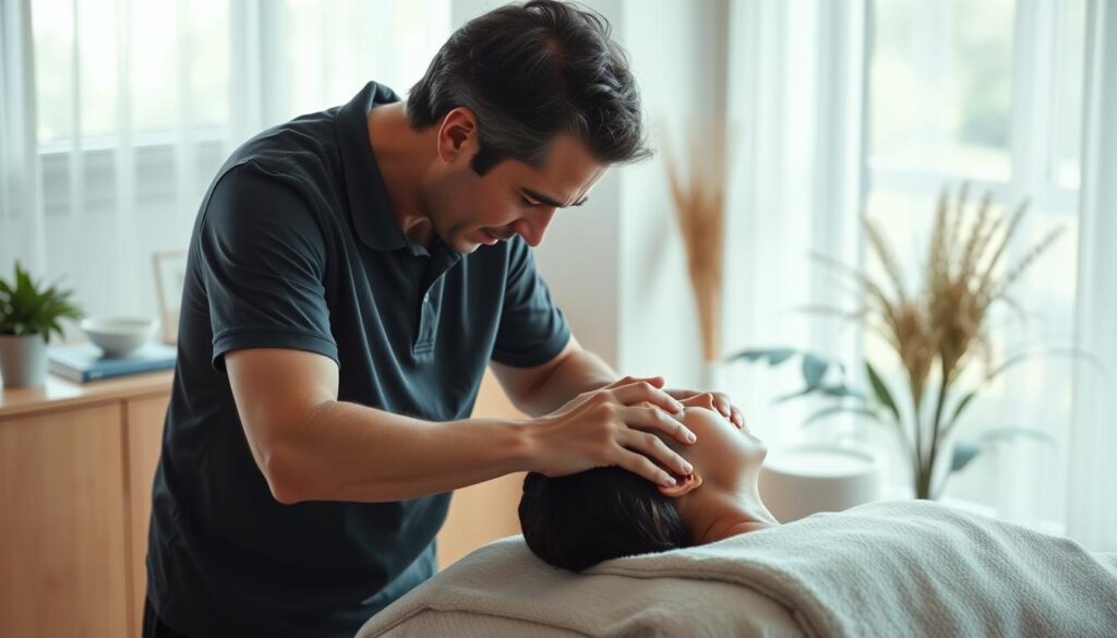 A serene massage studio filled with natural light, where a skilled chiropractor attends to a patient with deep care and focus. The practitioner's hands move with precision, reading the client's body language as they work to relieve tension and restore balance. Soft music plays in the background, creating a tranquil atmosphere. The patient's expression reflects a sense of relief and renewed vitality, a testament to the practitioner's dedication and the profound impact of their work. The scene conveys the deep satisfaction and sense of purpose that a chiropractor experiences in helping others heal and find well-being.