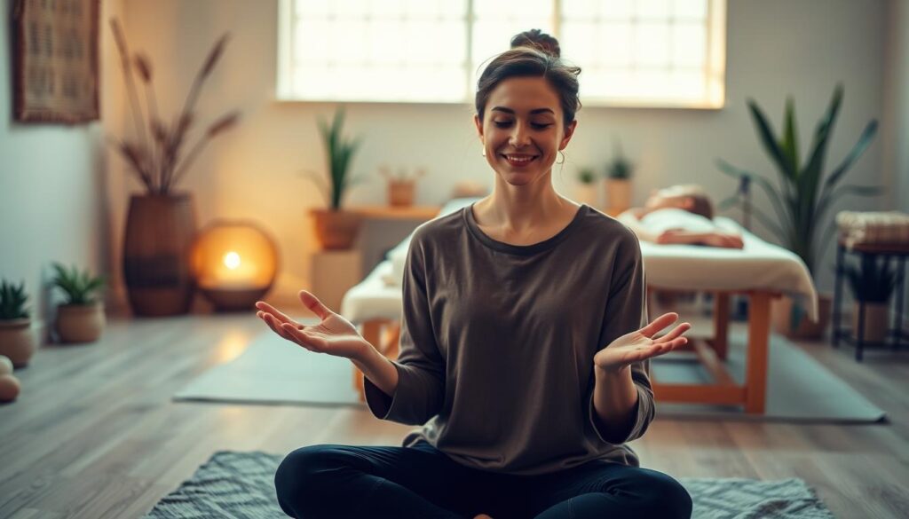 A serene massage studio, softly lit with warm-toned lighting. In the foreground, a person with a calm, empathetic expression sits cross-legged, hands outstretched in a welcoming gesture. They have a soothing demeanor, exuding patience and care. The middle ground shows a client reclining on a massage table, eyes closed in a state of deep relaxation. The background features soothing decor - potted plants, natural textures, and a sense of tranquility. The overall atmosphere conveys a nurturing, healing environment where the massage therapist is attentive, intuitive, and dedicated to the wellbeing of their clients.