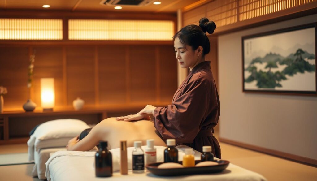 A serene massage studio with warm lighting and wooden accents. In the foreground, a skilled masseuse in a traditional Japanese robe gently applies pressure with their fingertips on the back of a relaxed client, their expressions conveying tranquility. In the middle ground, various massage tools and oils are neatly arranged on a low table, hinting at the therapist's expertise. The background features a minimalist Japanese landscape painting, creating a harmonious and calming atmosphere that evokes the essence of traditional Japanese massage techniques.
