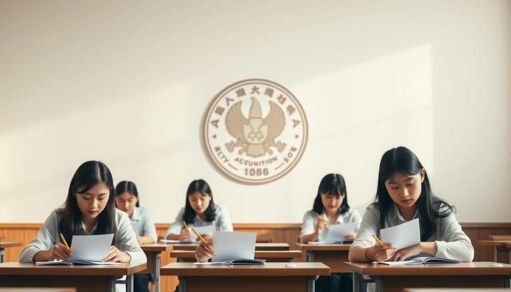 A serene, minimalist composition showcasing the Japanese Actuarial Association's examination. In the foreground, a group of young, serious-faced Japanese examinees sit at desks, pencils in hand, focused on their papers. Their attentive expressions convey the gravity of the moment. The middle ground features a large, elegant emblem or logo of the Actuarial Association, rendered in a muted, monochromatic palette that complements the overall aesthetic. The background is a clean, understated space, allowing the central elements to take center stage. Soft, natural lighting casts a warm, contemplative glow over the scene, heightening the sense of importance and dedication. The overall image radiates a sense of professionalism, rigor, and the pursuit of actuarial excellence.
