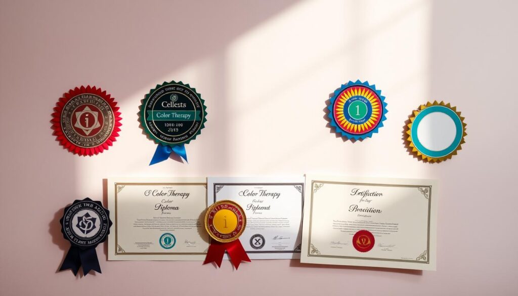A serene, minimalist composition showcasing the various color therapy certification badges and diplomas. Set against a soft, pastel-toned background, the certificates are neatly arranged, their vibrant colors and intricate designs commanding attention. Subtle lighting from the side casts gentle shadows, adding depth and dimension to the scene. The overall mood is one of professionalism, expertise, and a deep understanding of the art of color therapy. The layout is clean and balanced, allowing the qualifications to be the focal point, conveying the dedication and skill required to become a certified color therapist.