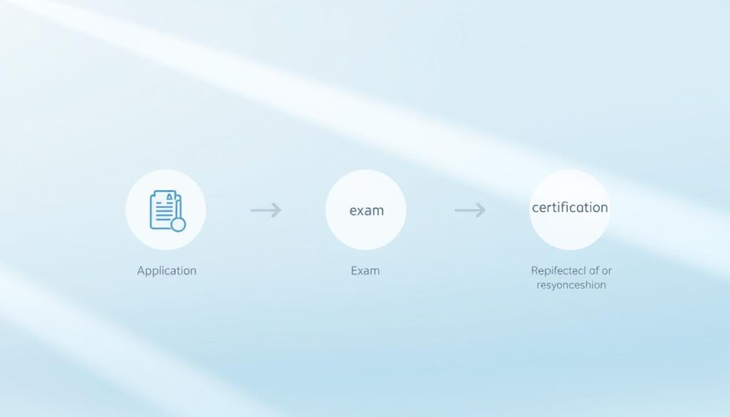 A serene, minimalist illustration depicting the step-by-step process of obtaining a national certification. In the foreground, a simple set of stylized icons representing the key milestones - application, exam, certification. The middle ground features clean, geometric shapes in a cool, calming color palette, guiding the viewer's eye through the flow of the steps. In the background, a soft, blurred gradient creates a sense of depth and tranquility, allowing the core information to take center stage. Subtle lighting from the top-left casts gentle shadows, adding depth and dimension to the otherwise flat composition. The overall aesthetic is professional, modern, and easy to comprehend at a glance.