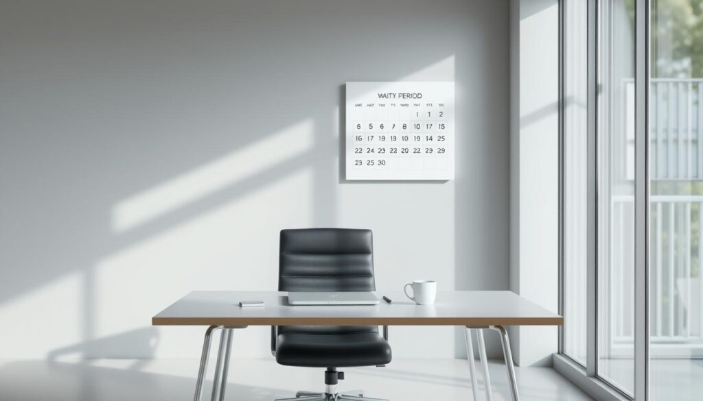 A serene, minimalist office setting with a desk, chair, and a calendar on the wall. The calendar displays the days passing, symbolizing the waiting period. Diffused natural light filters through large windows, creating a sense of calm and contemplation. The desk is neatly organized, with a laptop, a pen, and a cup of coffee, suggesting a professional yet patient atmosphere. The background is slightly blurred, keeping the focus on the central desk and calendar. The overall mood conveys a sense of anticipation and a measured passage of time, reflecting the general waiting period before a job change.