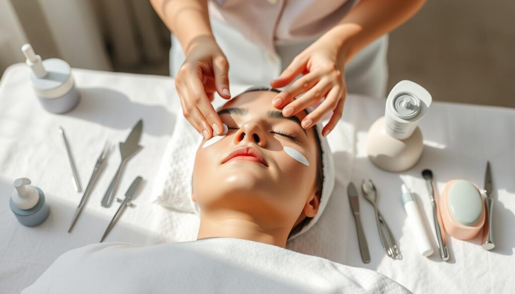 A serene, minimalist scene showcasing the essential skills of an esthetician. In the foreground, delicate hands gently massage a client's face, applying skincare products with precision and care. The middle ground features a variety of tools and implements, each designed for a specific esthetic procedure - from tweezers and waxing strips to facial steamers and microdermabrasion devices. The background is bathed in soft, natural lighting, creating a calming, spa-like atmosphere. The overall composition conveys the esthetician's expertise, attentiveness, and dedication to personalized, therapeutic skin treatments.