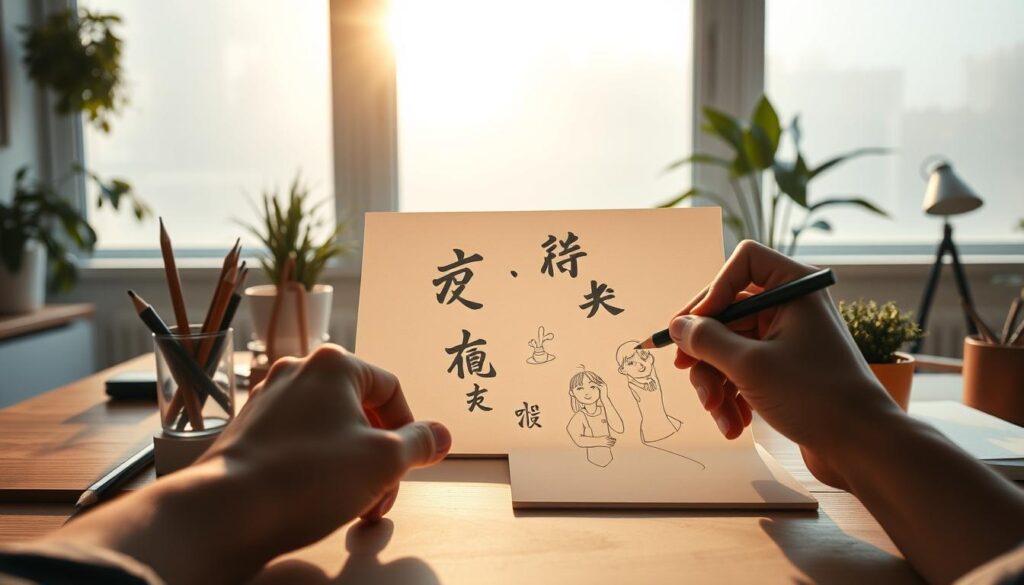 A serene, minimalist workspace with a wooden desk, plants, and various creative tools - pencils, brushes, and a sketchpad. Soft, natural lighting filters through large windows, casting a warm glow. In the foreground, the silhouettes of a designer's hands sketch out ideas, capturing the essence of the "求められるスキル" - creative vision, attention to detail, and technical proficiency. The composition emphasizes focus, innovation, and the collaborative nature of the creative process.