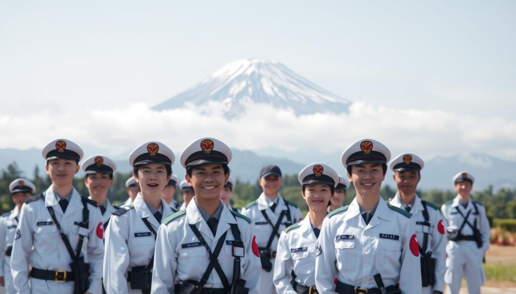 A serene, mist-shrouded landscape with a towering Mount Fuji in the background, representing the enduring strength and stability of Japan. In the foreground, a group of JSDF (Japan Self-Defense Forces) personnel in pristine uniforms, their faces expressing a sense of purpose and pride as they engage in various training exercises, honing their skills to protect the nation. The scene conveys the benefits of a career in the JSDF, such as job security, professional development, and the opportunity to serve one's country with honor and distinction.