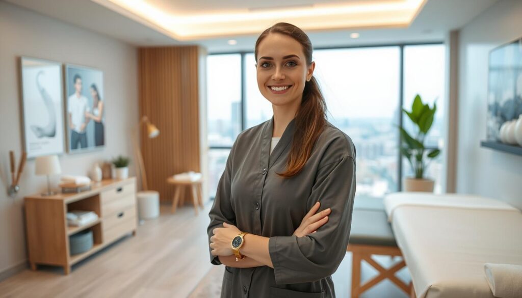 A serene, modern acupuncture clinic with a soothing ambiance. The interior features clean lines, natural wood accents, and a calming color palette. In the foreground, a professional-looking acupuncturist stands with a reassuring expression, ready to provide personalized treatment. The middle ground showcases various holistic wellness tools and equipment, hinting at the breadth of the acupuncturist's expertise. The background depicts a panoramic view of a thriving urban landscape, symbolizing the growing demand and promising future of the acupuncture profession. Soft, diffused lighting sets an atmosphere of tranquility and healing, inviting the viewer to envision the rewarding career path of an accomplished acupuncturist.