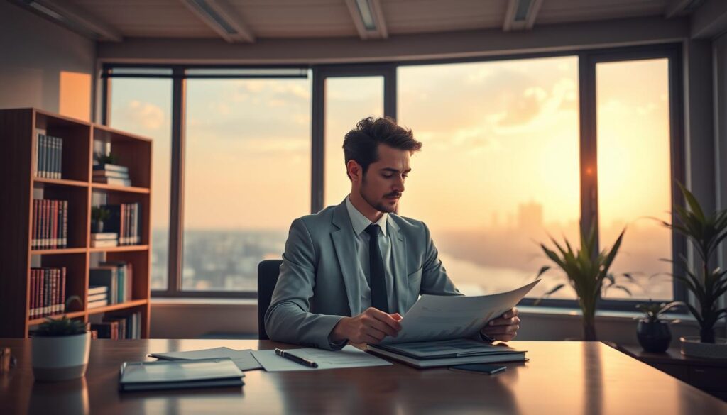 A serene, modern office setting with a therapist's desk in the foreground. Warm, natural lighting filters through large windows, casting a calming glow. The therapist, dressed in professional attire, sits contemplatively, reviewing financial documents and charts displaying income growth strategies. In the middle ground, shelves of therapeutic books and plants add a touch of professionalism and wellbeing. The background features a tranquil cityscape, reinforcing the idea of an urban, thriving practice. The overall mood is one of thoughtful introspection, suggesting methods for the therapist to enhance their earning potential while maintaining their core values and patient-centered approach.