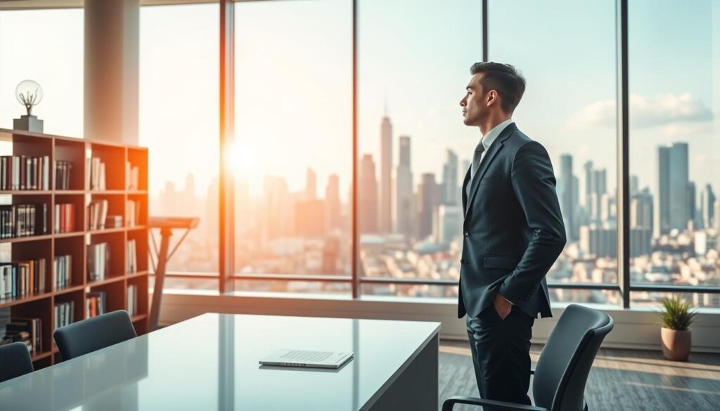 A serene, modern office setting with abundant natural light streaming through large windows. In the foreground, a well-dressed professional, poised and determined, stands before a sleek, minimalist desk, contemplating career growth strategies. The middle ground features bookshelves filled with industry-relevant titles, hinting at the importance of continuous learning. In the background, a cityscape of towering skyscrapers, symbolizing the aspirations and opportunities for higher-earning potential. The scene conveys a sense of focus, discipline, and a steadfast commitment to achieving the targeted annual income of 6 million yen.