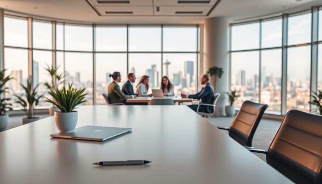 A serene, modern office space illustrates the evolution of a company over time. The foreground features a sleek, minimalist desk with a laptop, pen, and a potted plant, conveying a sense of contemporary professionalism. In the middle ground, a team of diverse employees collaborates around a conference table, their attentive expressions suggesting an atmosphere of productive discussion. The background showcases a panoramic view of the city skyline, capturing the growth and progression of the company within the larger urban landscape. Warm, natural lighting filters through large windows, creating a welcoming and inspiring work environment. The overall scene conveys a sense of progress, adaptability, and the challenges that may arise during the journey of a company's transformation.