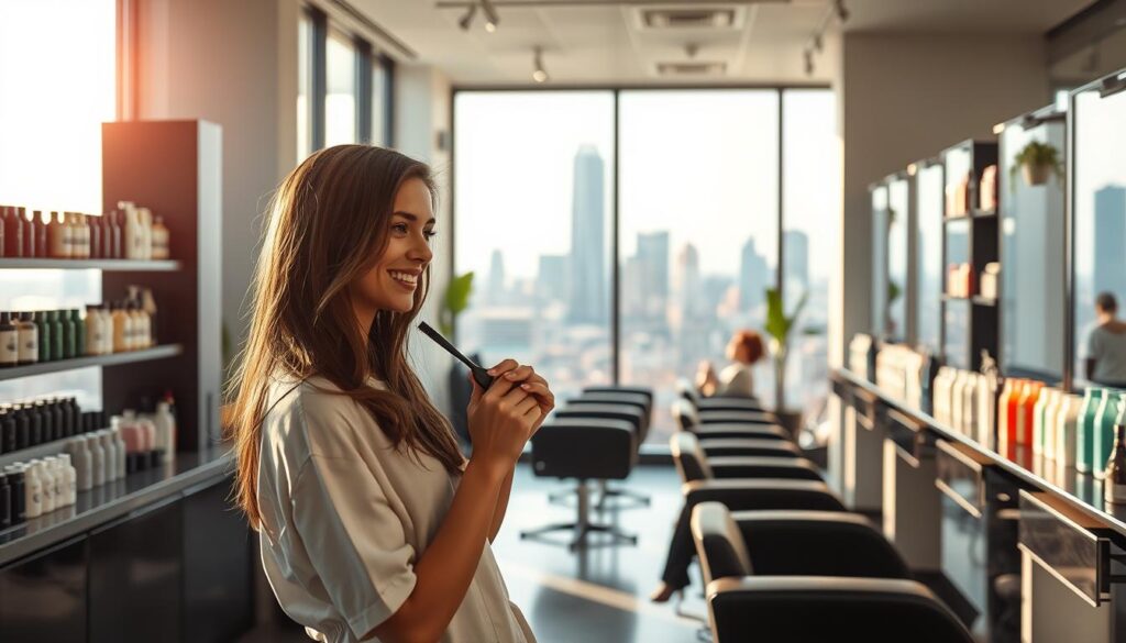 A serene, modern salon interior with natural lighting streaming through large windows. In the foreground, a stylish, young female hairstylist carefully trimming the locks of a content client. The middle ground showcases rows of premium hair care products and sleek, cutting-edge styling stations. In the background, a vibrant cityscape vista, hinting at the bustling opportunities and expanding horizons of the beauty industry. The overall atmosphere radiates professionalism, creativity, and a sense of the dynamic future that awaits skilled, passionate hair artisans.