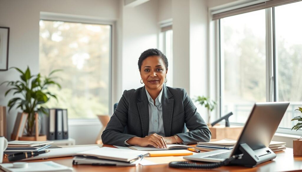 A serene office environment with a social worker sitting at a desk, focused on their work. The room is filled with natural light from large windows, creating a warm and inviting atmosphere. The social worker's face is captured in a thoughtful expression, conveying their dedication to helping others. Surrounding the desk are various tools of the trade, such as files, a laptop, and a phone, indicating the diverse range of skills and responsibilities required for the role. The overall scene suggests a professional, caring, and diligent individual committed to making a positive impact in their community.