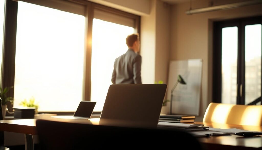 A serene office scene, illuminated by warm, natural light filtering through large windows. In the foreground, a laptop and a neatly organized desk, symbolizing the final stages of a professional journey. In the middle ground, a figure standing by the window, gazing out contemplatively, considering the optimal timing and approach to deliver their resignation. The background is softly blurred, conveying a sense of focus and introspection. The atmosphere is one of thoughtfulness and anticipation, as the subject prepares to embark on a new chapter.