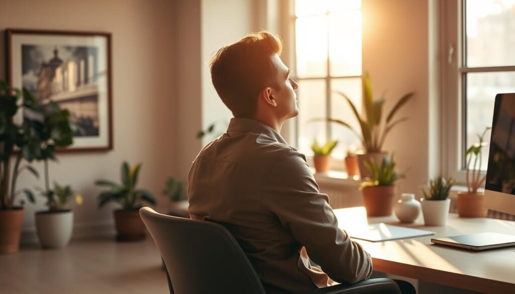 A serene office scene, with a person sitting at a desk, lost in thought. The warm, natural lighting filters through large windows, casting a soft glow on the workspace. In the background, potted plants and framed artwork add a touch of personalization, creating a welcoming and comfortable environment. The individual is leaning back in their chair, brow furrowed, as they contemplate the challenges and opportunities of their new role. The overall atmosphere conveys a sense of focus, reflection, and a willingness to adapt to the changes that come with a career transition.