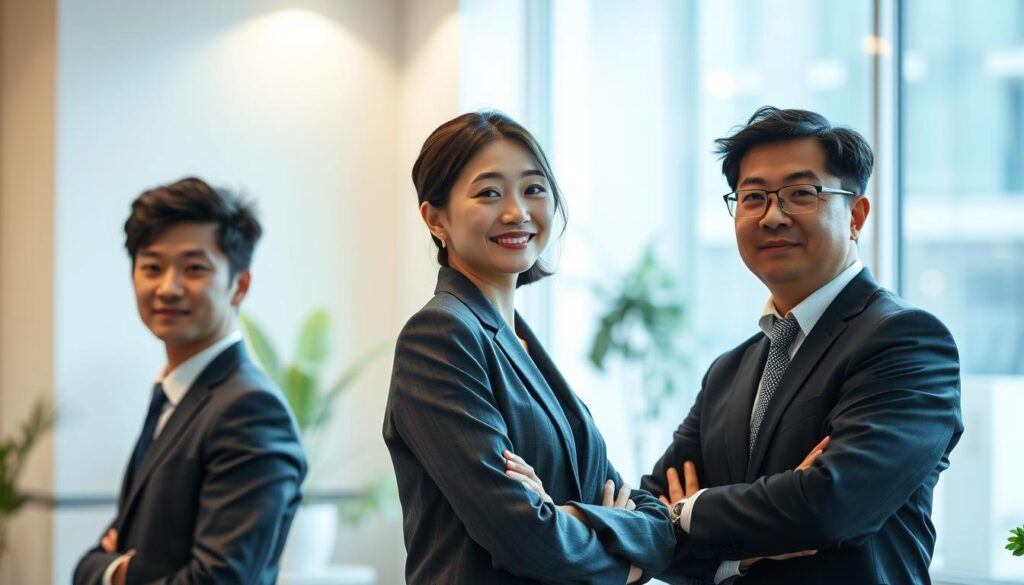 A serene office setting, bathed in soft, natural light. Three Japanese-looking professionals, dressed in formal attire, stand in a line, faces turned towards the viewer. The one in the middle, a confident woman in her thirties, is the focal point, flanked by a younger man on her left and a more senior man on her right. Their postures and expressions convey a sense of progression, from entry-level to mid-career to executive, a visual representation of the "Career Path" section. The background is blurred, allowing the figures to stand out, while subtle details like potted plants and a window glimpse suggest a modern, minimalist workspace.