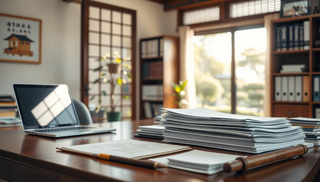 A serene office setting, bathed in warm, natural lighting. In the foreground, a meticulously organized desk with a laptop, a stack of neatly organized documents, and a traditional Japanese calligraphy set. The middle ground showcases a bookshelf filled with reference materials, symbolizing the intellectual depth required for a bureaucratic career. In the background, a window offers a tranquil view of a Japanese garden, hinting at the balance and harmony needed to navigate the complexities of public service. The overall atmosphere conveys the dedication, discipline, and attention to detail inherent in the bureaucratic career path.