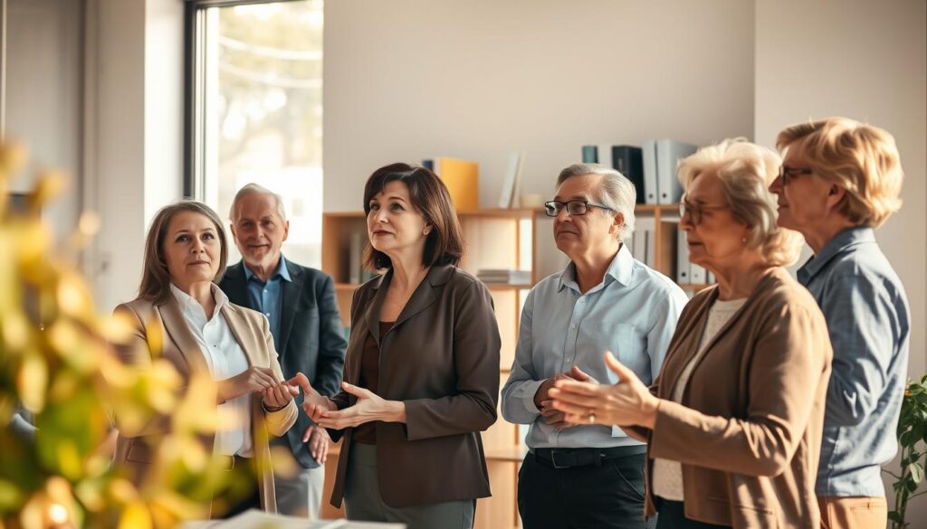 A serene office setting, with 50-something professionals engaged in a collaborative discussion. Warm natural lighting filters through large windows, casting a soft glow on the scene. In the foreground, a group of diverse individuals - a consultant, an IT project manager, a marketing executive - gesture animatedly, their expressions contemplative as they explore potential career paths. Behind them, a shelf displays industry-relevant books and certifications, hinting at the wealth of knowledge and experience they can leverage. The overall atmosphere conveys a sense of optimism and possibility, inviting the viewer to envision themselves embarking on a fulfilling mid-career transition.