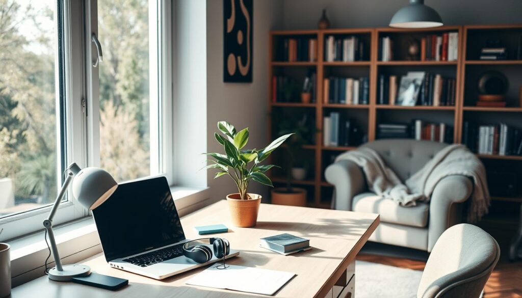 A serene office setting with a balanced fusion of work and life. A well-lit desk nestled by a large window, allowing natural light to permeate the space. On the desk, a laptop, a potted plant, and a pair of headphones, symbolizing the harmonious integration of technology and nature. In the background, a bookshelf filled with volumes, a cozy armchair, and a soft throw blanket, hinting at moments of relaxation and personal pursuits. The overall atmosphere is one of tranquility and harmony, capturing the essence of a healthy work-life balance.
