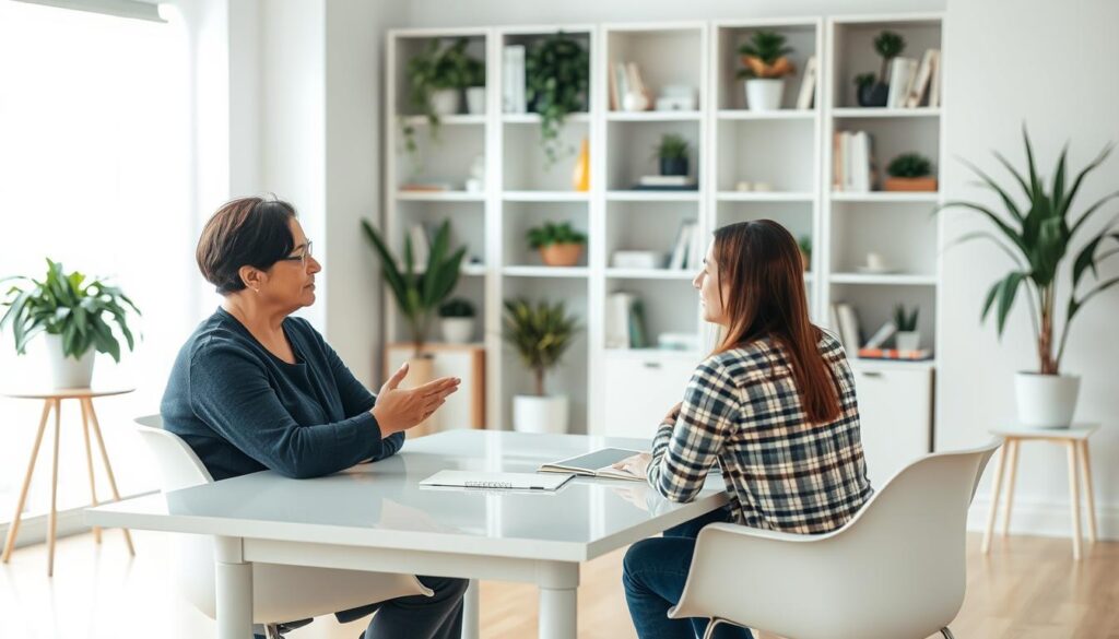 A serene office setting with a counselor meeting with clients, showcasing the diverse range of responsibilities within the profession. The counselor is seated at a clean, minimalist desk, engaging in a thoughtful discussion, their expression conveying empathy and active listening. The background features bookshelves, potted plants, and warm, natural lighting, creating a calming, professional atmosphere. The scene captures the nuanced, interpersonal nature of the counselor's work, highlighting their role as a trusted confidant and problem-solver across various specialties, from mental health to career guidance.