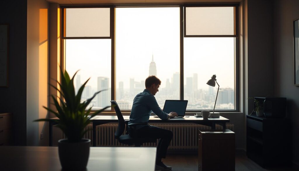 A serene office setting with a desk, chair, and potted plant in the foreground. The middle ground features a person sitting at the desk, intently focused on a laptop screen. The background showcases a large window overlooking a city skyline, bathed in warm, golden light. The mood is one of contemplation and productivity, as the individual navigates the fundamental steps of a career transition. Subtle textures and soft, diffused shadows add depth and realism to the scene. The camera angle is slightly elevated, creating an immersive and inspiring perspective.