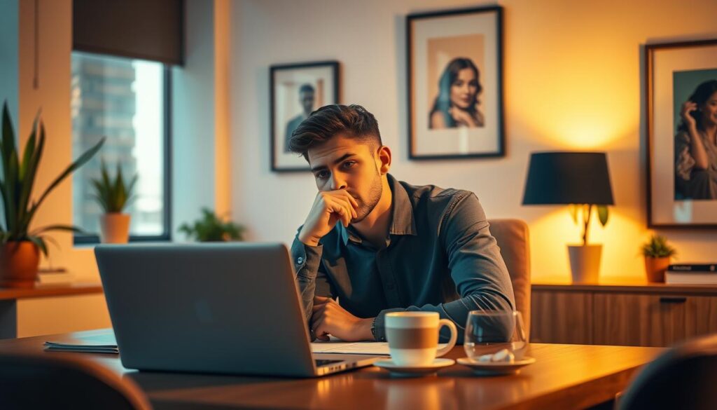 A serene office setting with a focus on a person sitting at a desk, deep in thought about their career choices. The scene is bathed in warm, soft lighting, creating a contemplative atmosphere. In the foreground, a laptop and a cup of coffee sit on the desk, suggesting the individual's diligent research and consideration of their next professional step. The background features tasteful decor, such as potted plants and framed artwork, conveying a sense of balance and tranquility. The person's pose is one of thoughtful contemplation, their expression pensive as they weigh the pros and cons of different job opportunities. The overall scene reflects the nuanced decision-making process involved in choosing the right career path.