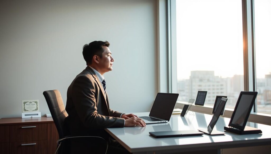 A serene office setting with a former Self-Defense Force member contemplating their next career move. A large window floods the room with natural light, illuminating a sleek, modern desk adorned with a laptop, a few personal items, and a framed certificate or award hinting at their military background. The figure, clad in business attire, gazes thoughtfully out the window, their expression conveying a sense of optimism and determination as they navigate the transition from military to civilian life. The overall atmosphere is one of quiet introspection and the promise of a new chapter, captured through a medium-wide angle lens and balanced lighting that captures the nuances of the scene.